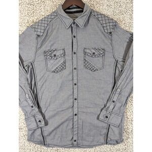 Buckle Black Shirt Men Large Gray Solid Snap Short Sleeve Athletic Fit Stitch